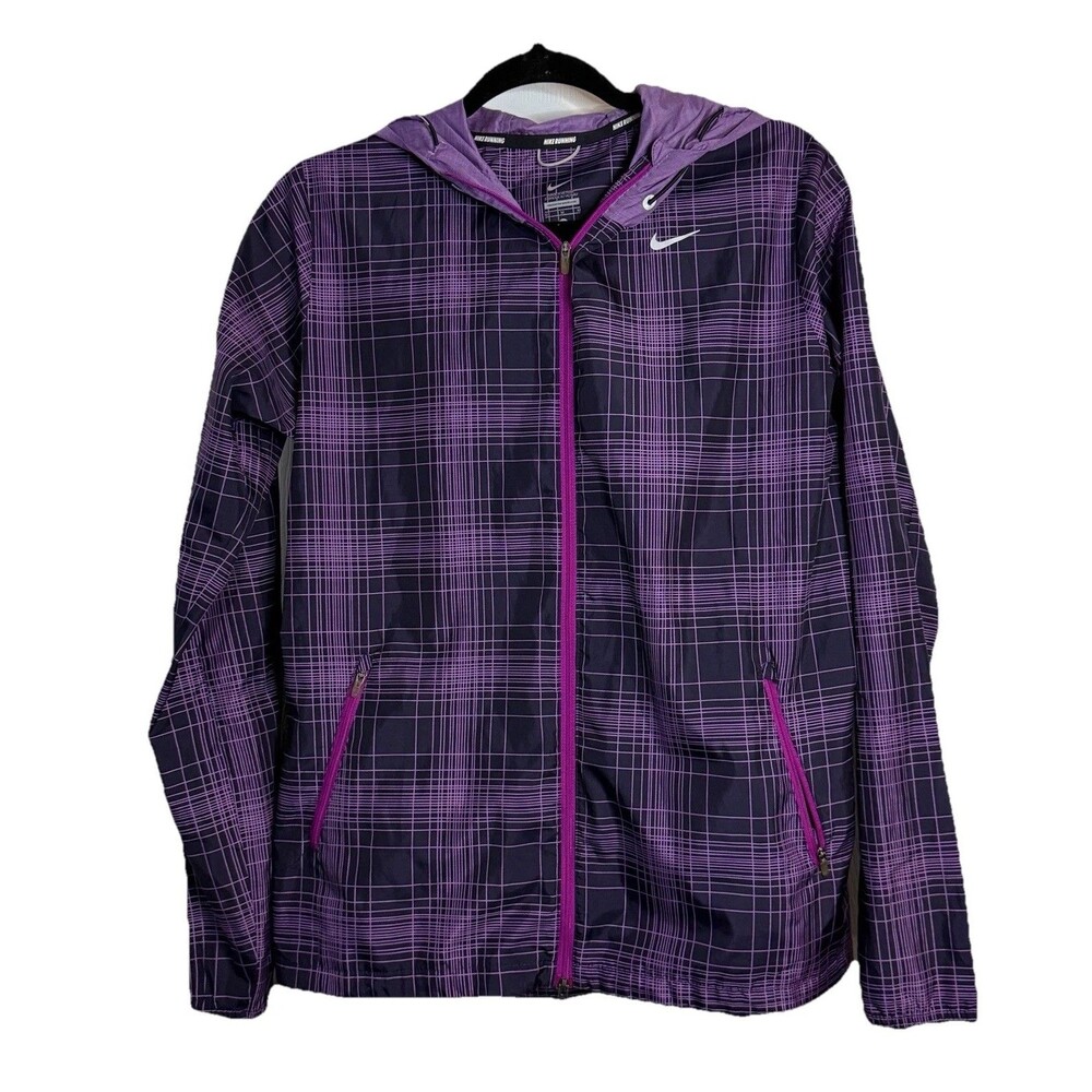 NIKE Plaid Phenom Vapor Hooded Windbreaker Running Jacket Purple Women's Size M